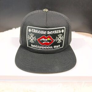 Chrome Hearts Black Trucker Hat with Red Lips Design